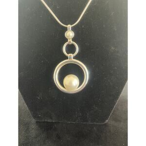 White House Black Market Silver-tone Necklace with Circle & Faux Pearl Charm